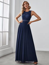 Empire Waist Sleeveless Maxi Long A Line Lace Bridesmaid Dresses #color_Navy Blue