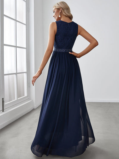 Empire Waist Sleeveless Maxi Long A Line Lace Bridesmaid Dresses #color_Navy Blue