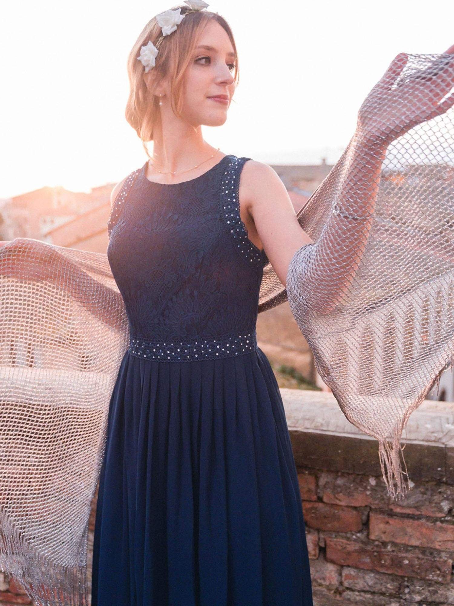 Empire Waist Sleeveless Maxi Long A Line Lace Bridesmaid Dresses #color_Navy Blue