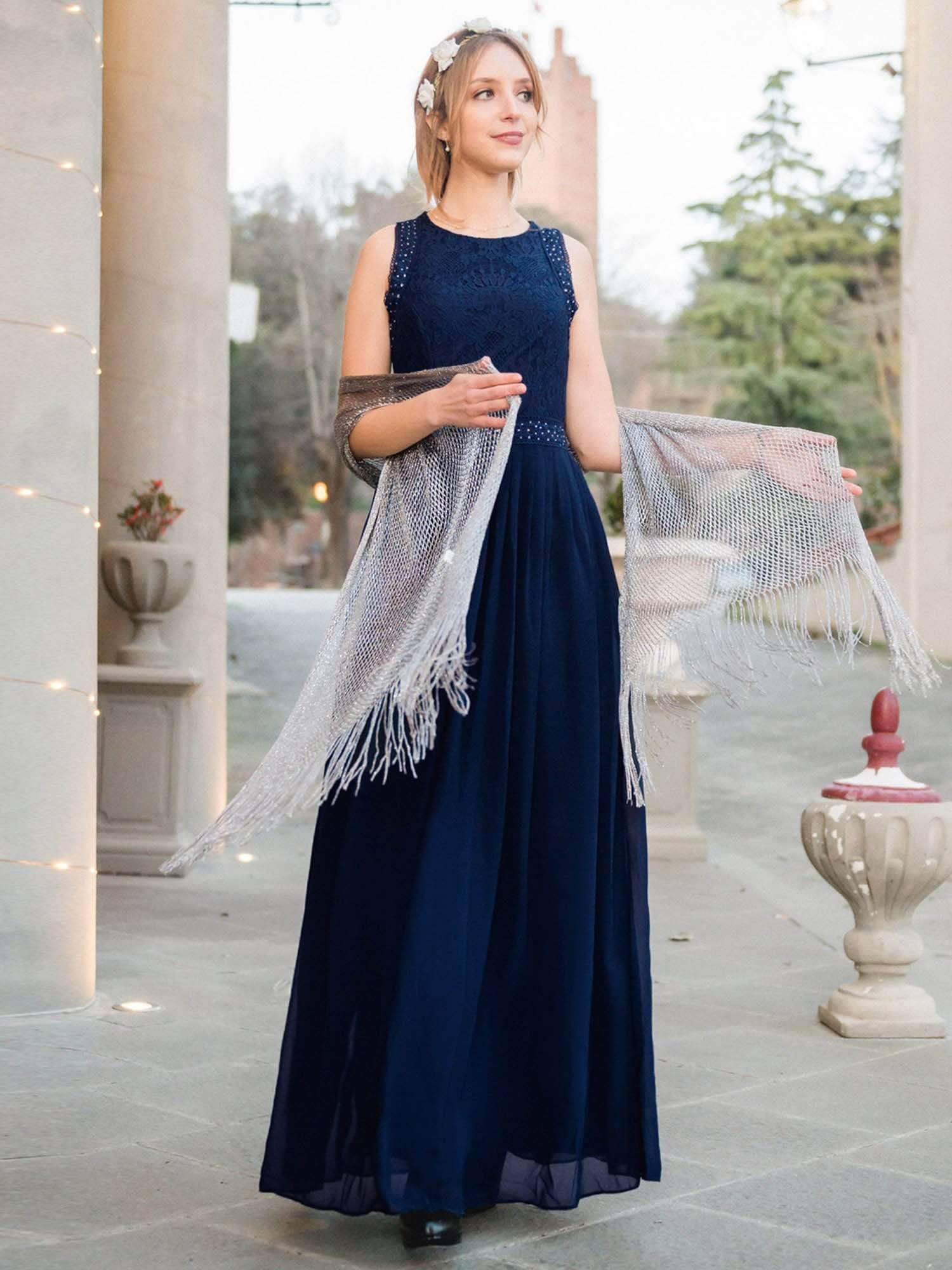 Empire Waist Sleeveless Maxi Long A Line Lace Bridesmaid Dresses #color_Navy Blue