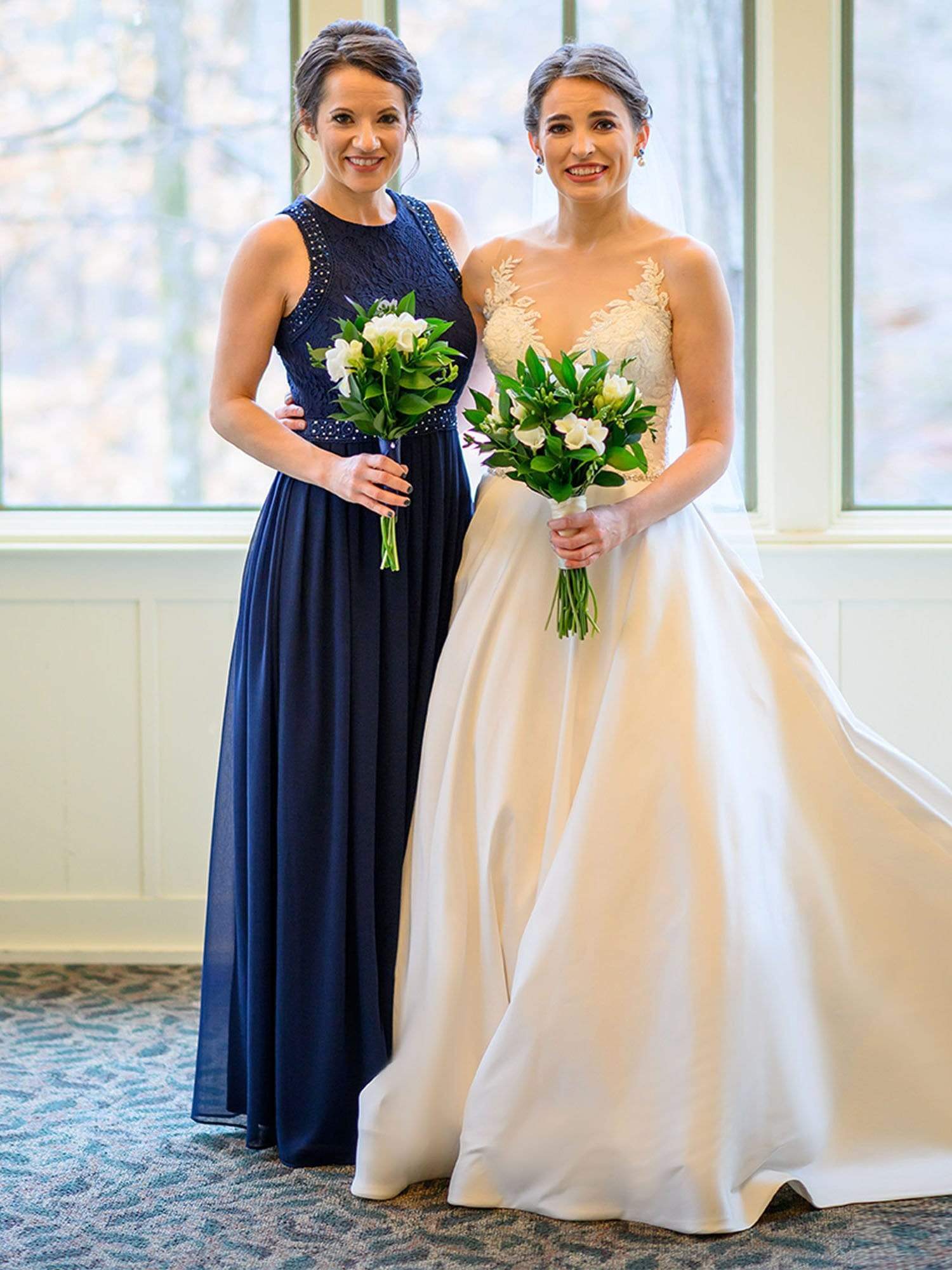 Empire Waist Sleeveless Maxi Long A Line Lace Bridesmaid Dresses #color_Navy Blue