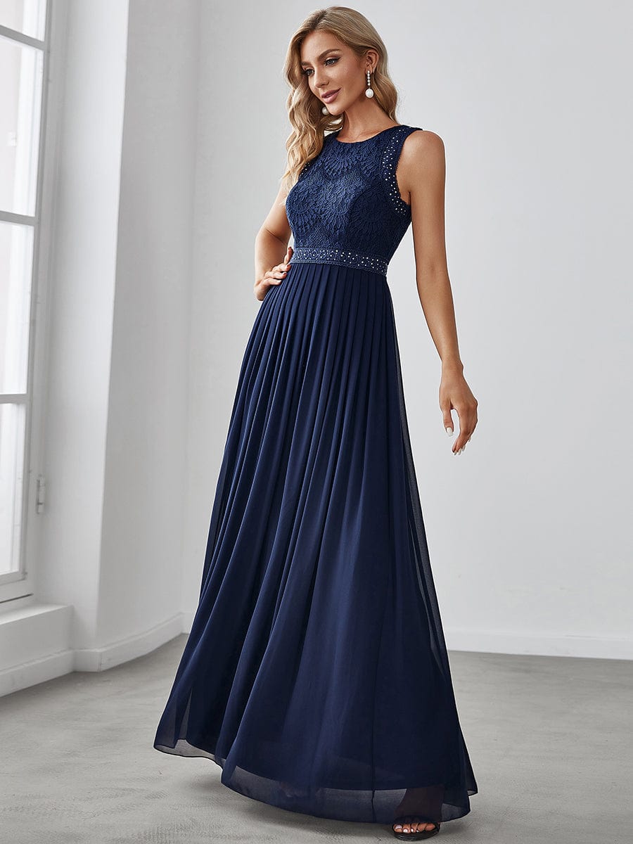Empire Waist Sleeveless Maxi Long A Line Lace Bridesmaid Dresses #color_Navy Blue