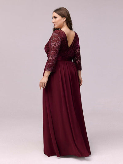 Plus Size See-Through Floor Length Lace Bridesmaid Dress With Half Sleeve #color_Burgundy
