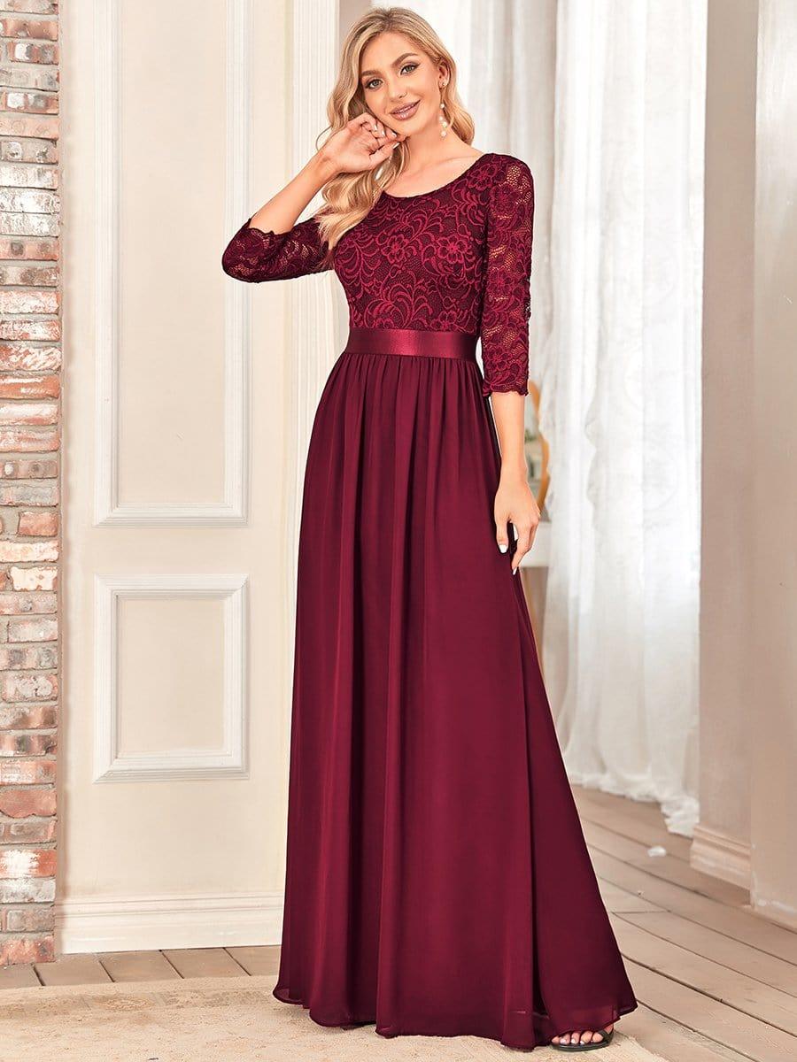 Elegant Round Neck A Line See-Through Lace Evening Dress #color_Burgundy