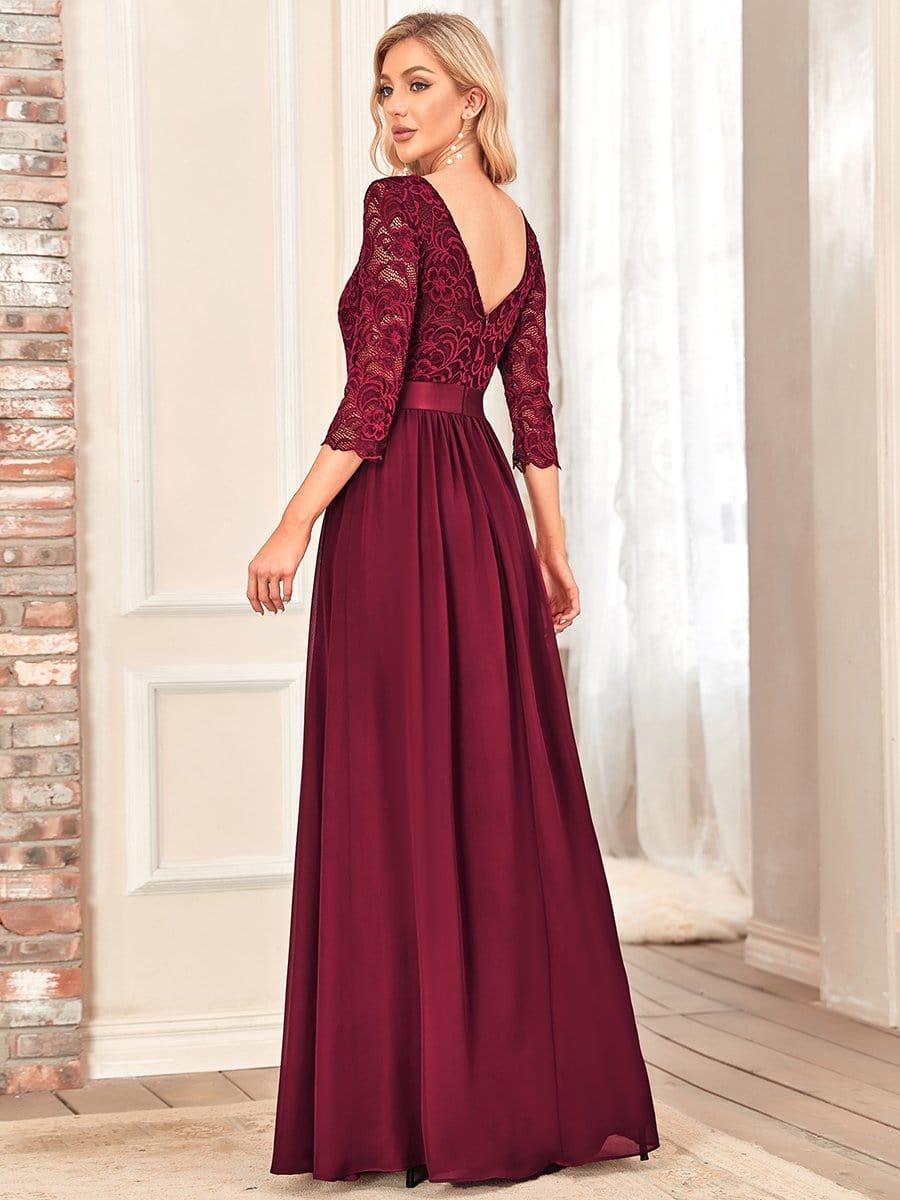 Elegant Round Neck A Line See-Through Lace Evening Dress #color_Burgundy