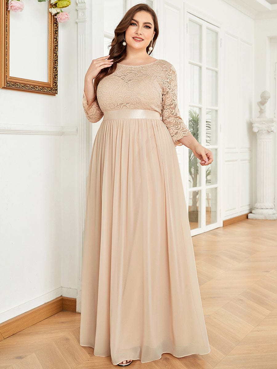 Plus Size See-Through Floor Length Lace Bridesmaid Dress With Half Sleeve #color_Blush