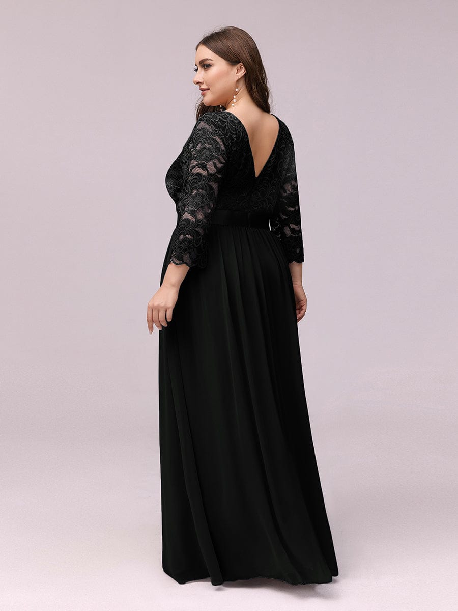 Plus Size See-Through Floor Length Lace Bridesmaid Dress With Half Sleeve #color_Black