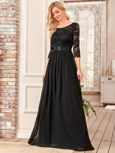 Elegant Round Neck A Line See-Through Lace Evening Dress #color_Black
