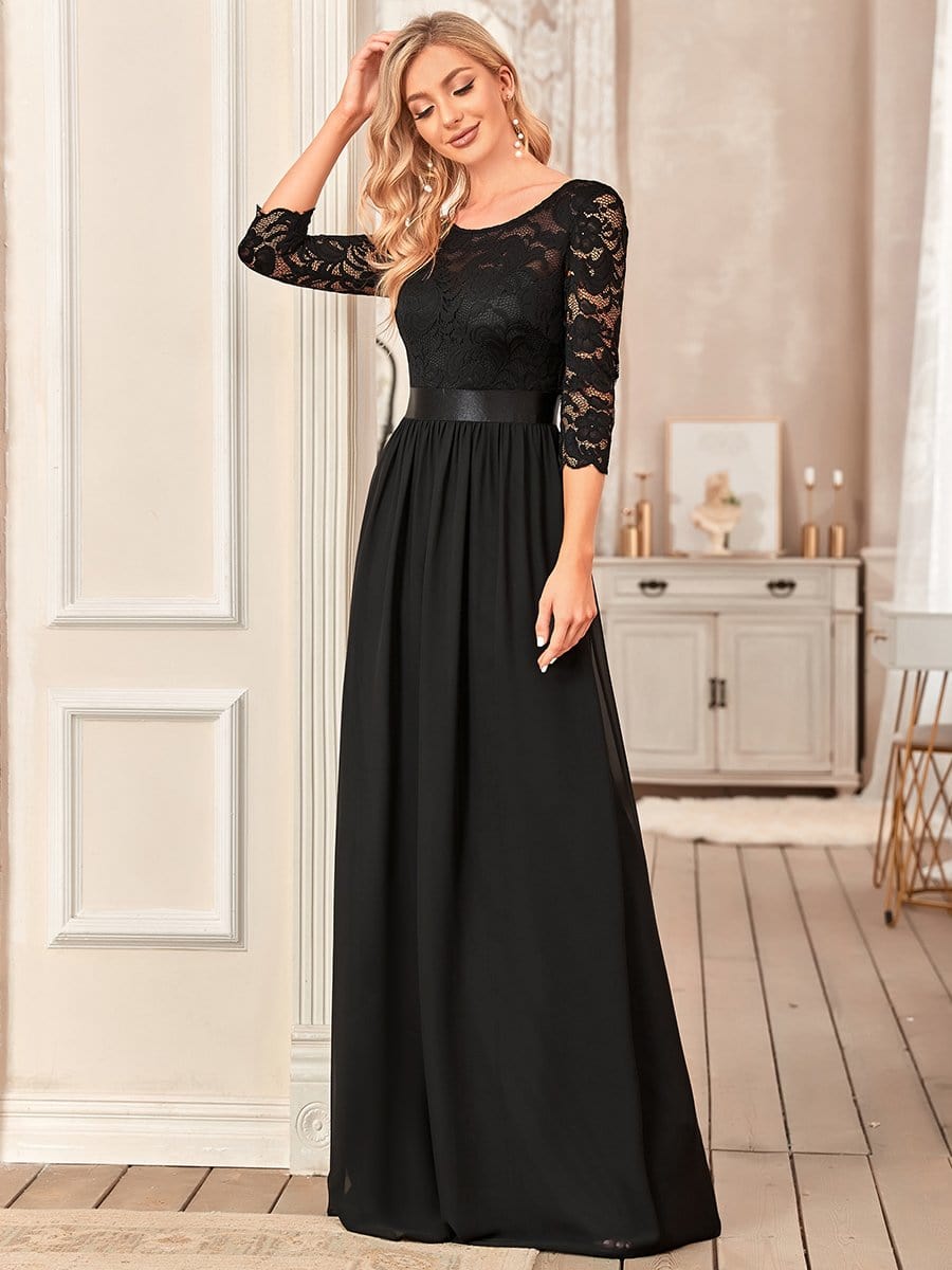 Elegant Round Neck A Line See-Through Lace Evening Dress #color_Black