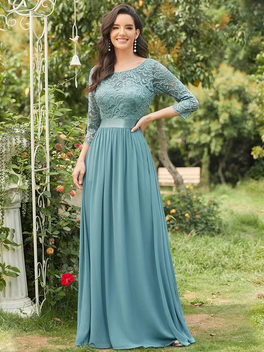 Elegant Round Neck A Line See-Through Lace Evening Dress #color_Light Teal