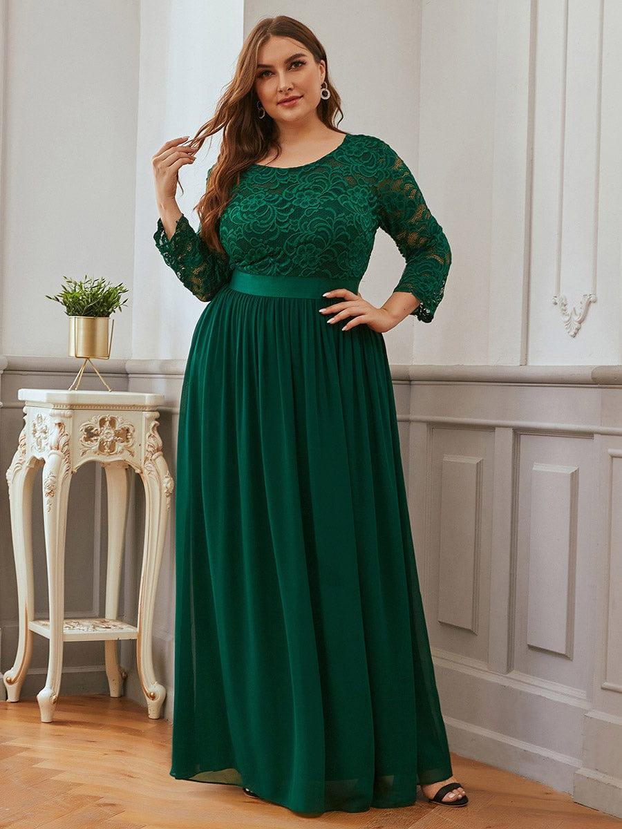 Plus Size See-Through Floor Length Lace Bridesmaid Dress With Half Sleeve #color_Dark Green