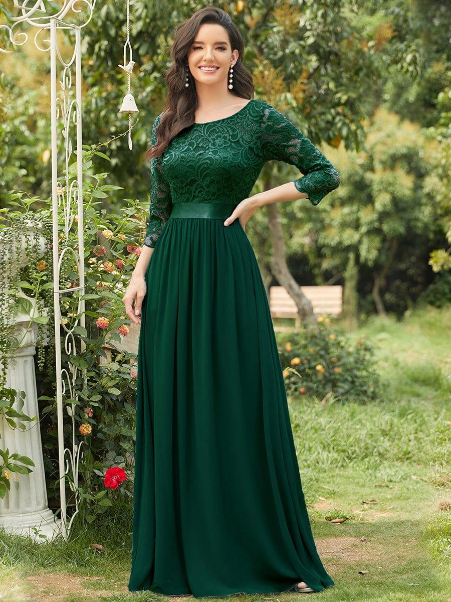 See-Through Floor Length Lace Evening Dress with Half Sleeve #color_Dark Green