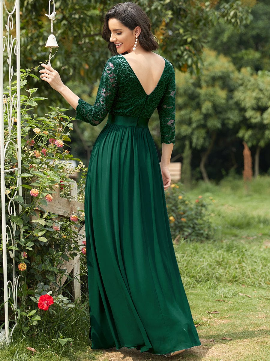 See-Through Floor Length Lace Evening Dress with Half Sleeve #color_Dark Green