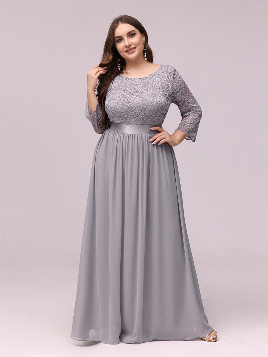 Plus Size See-Through Floor Length Lace Bridesmaid Dress With Half Sleeve #color_Grey