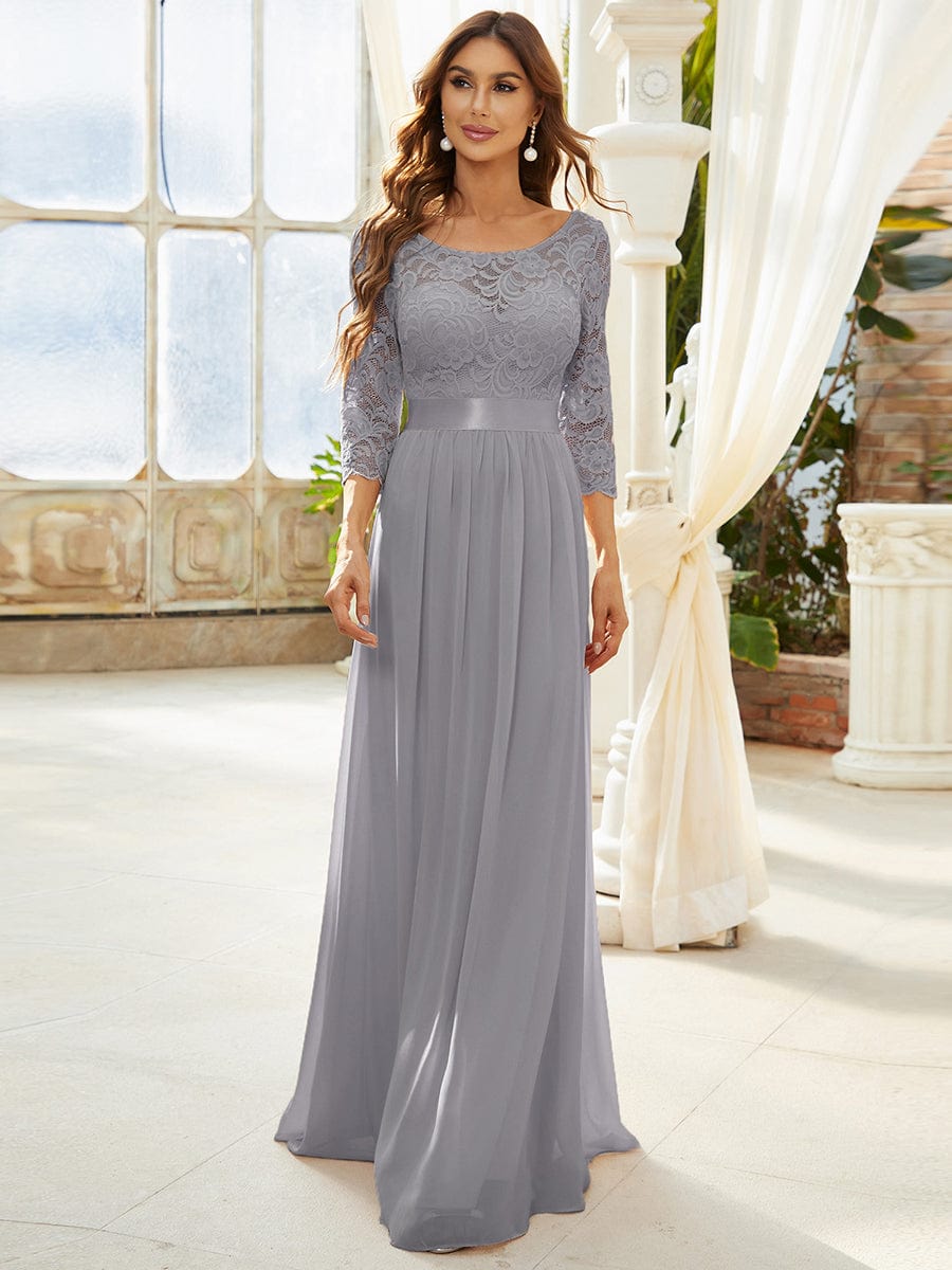 Elegant Round Neck A Line See-Through Lace Evening Dress #color_Grey
