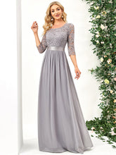 Elegant Round Neck A Line See-Through Lace Evening Dress #color_Grey