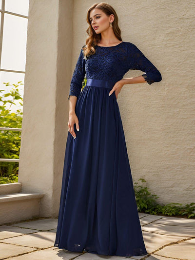 Elegant Round Neck A Line See-Through Lace Evening Dress #color_Navy Blue