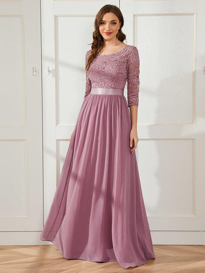Elegant Round Neck A Line See-Through Lace Evening Dress #color_Purple Orchid
