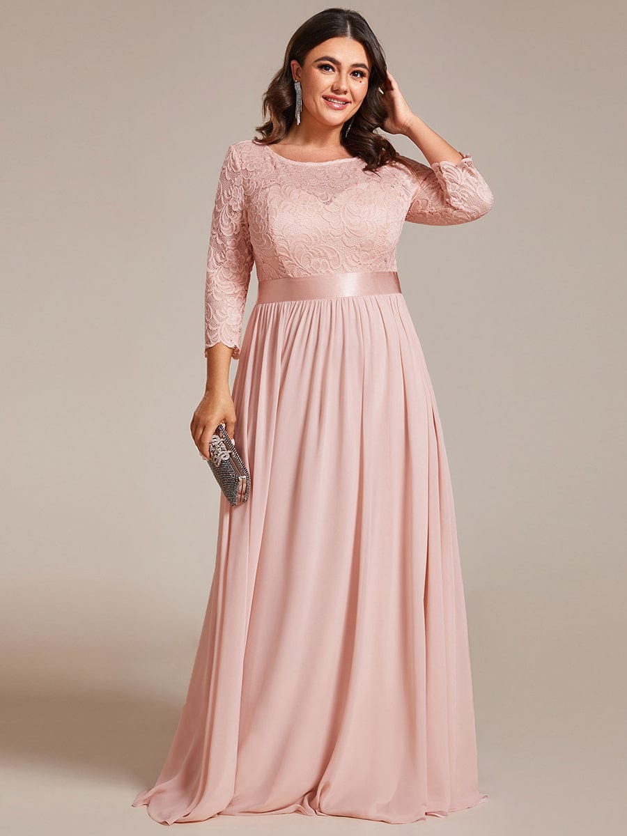 Plus Size See-Through Floor Length Lace Bridesmaid Dress With Half Sleeve #color_Pink