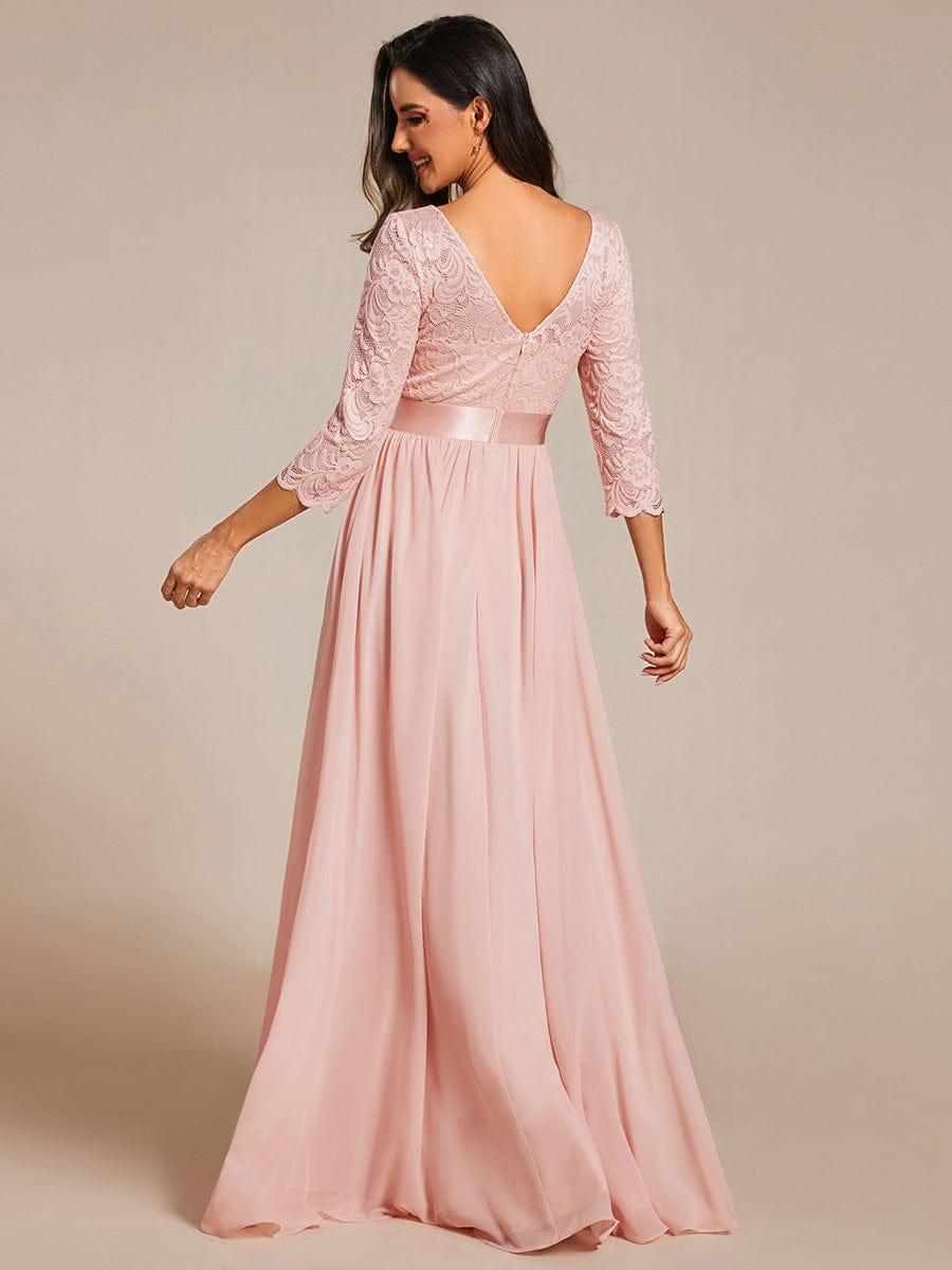 See-Through Floor Length Lace Evening Dress with Half Sleeve #color_Pink