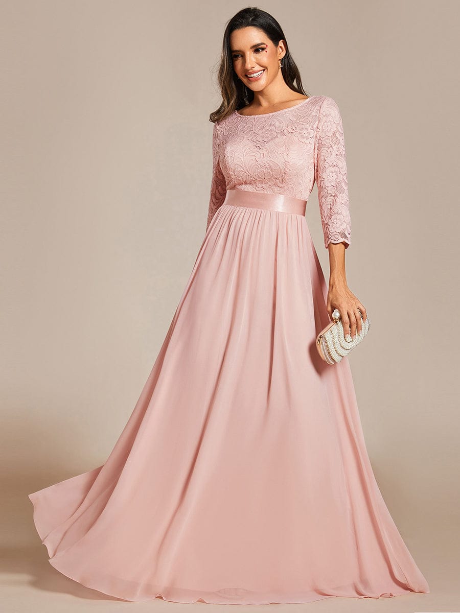 See-Through Floor Length Lace Evening Dress with Half Sleeve #color_Pink