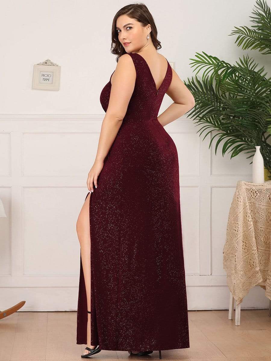 Shiny V Neck Floor Length Plus Size Evening Dresses with Side Split #color_Burgundy