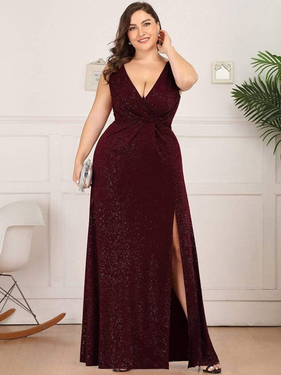 Shiny V Neck Floor Length Plus Size Evening Dresses with Side Split #color_Burgundy