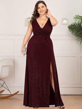 Shiny V Neck Floor Length Plus Size Evening Dresses with Side Split #color_Burgundy