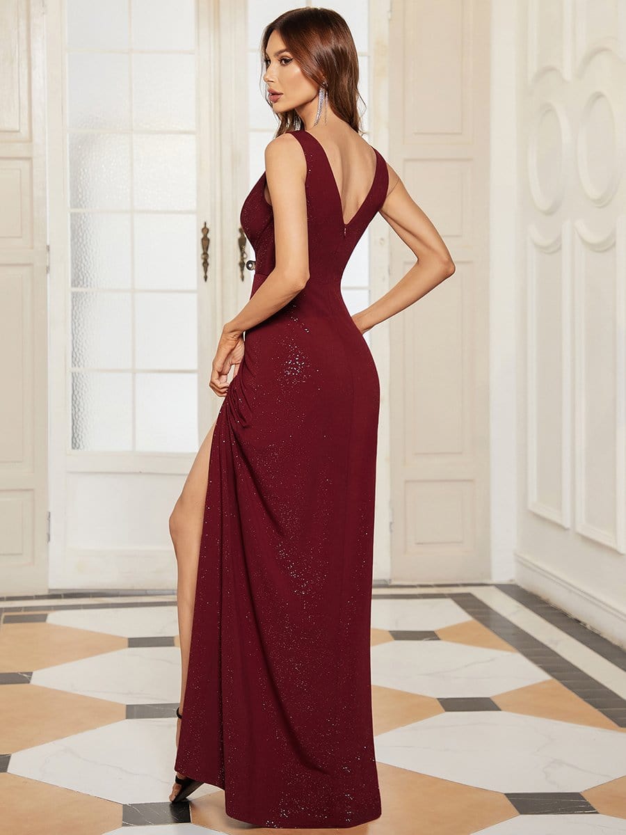 Floor Length V Neck Shimmery Evening Dresses with Side Split #color_Burgundy