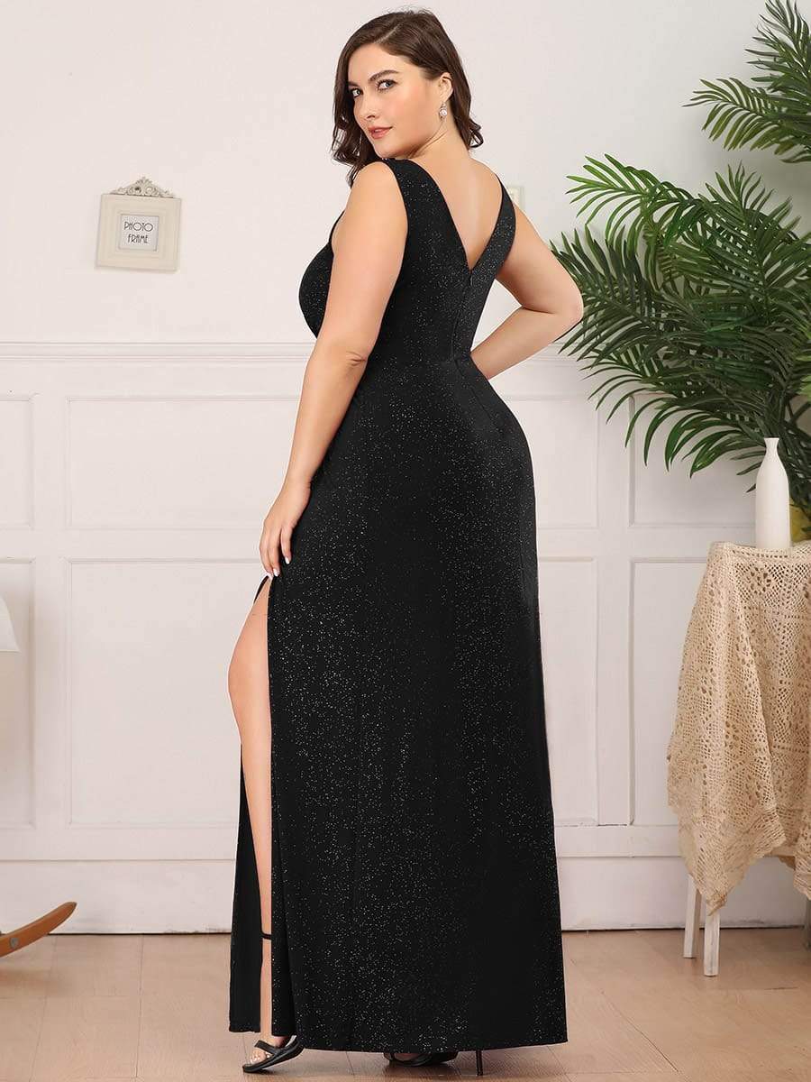 Shiny V Neck Floor Length Plus Size Evening Dresses with Side Split #color_Black
