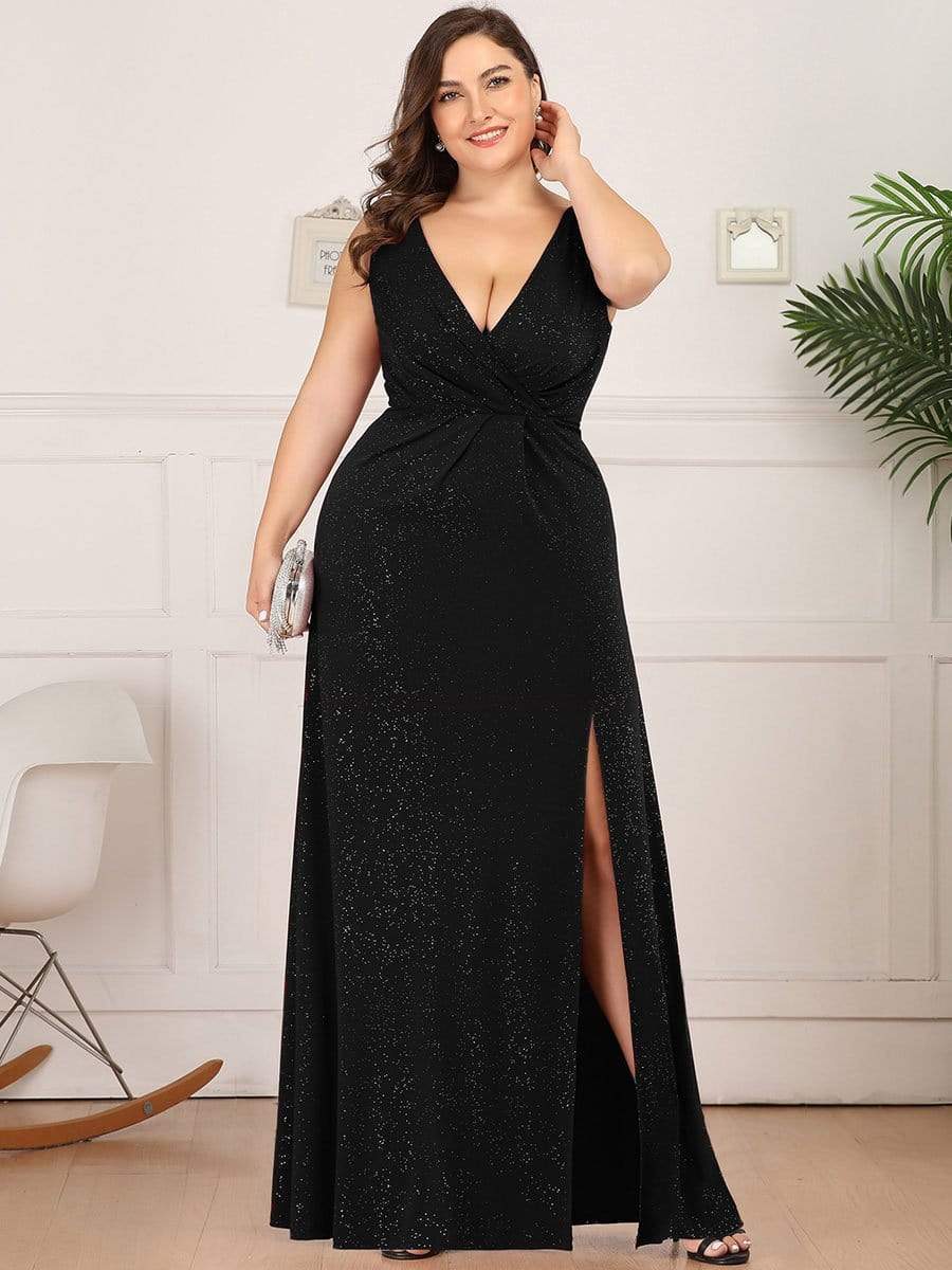 Shiny V Neck Floor Length Plus Size Evening Dresses with Side Split #color_Black
