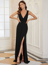 Floor Length V Neck Shimmery Evening Dresses with Side Split #color_Black