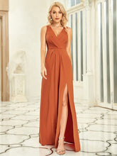 Floor Length V Neck Shimmery Evening Dresses with Side Split #color_Burnt Orange