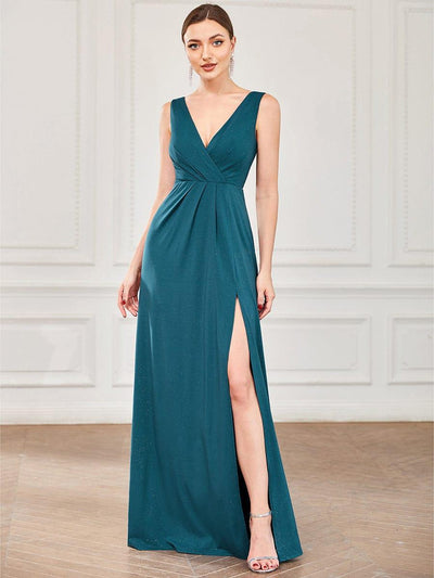 Floor Length V Neck Shimmery Evening Dresses with Side Split #color_Teal