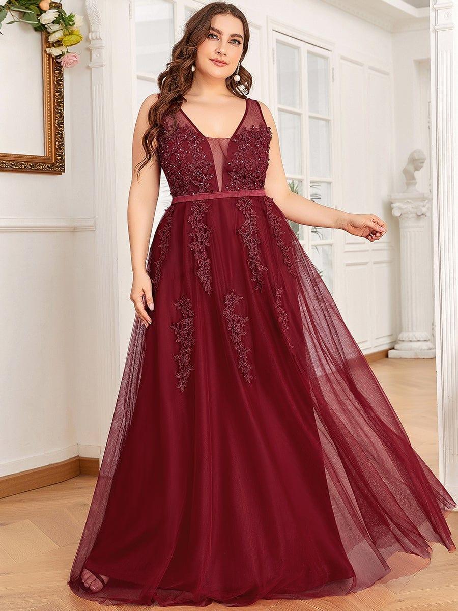 Plus Size Elegant Sleeveless Applique Flowy Tulle Evening Dress #color_Burgundy