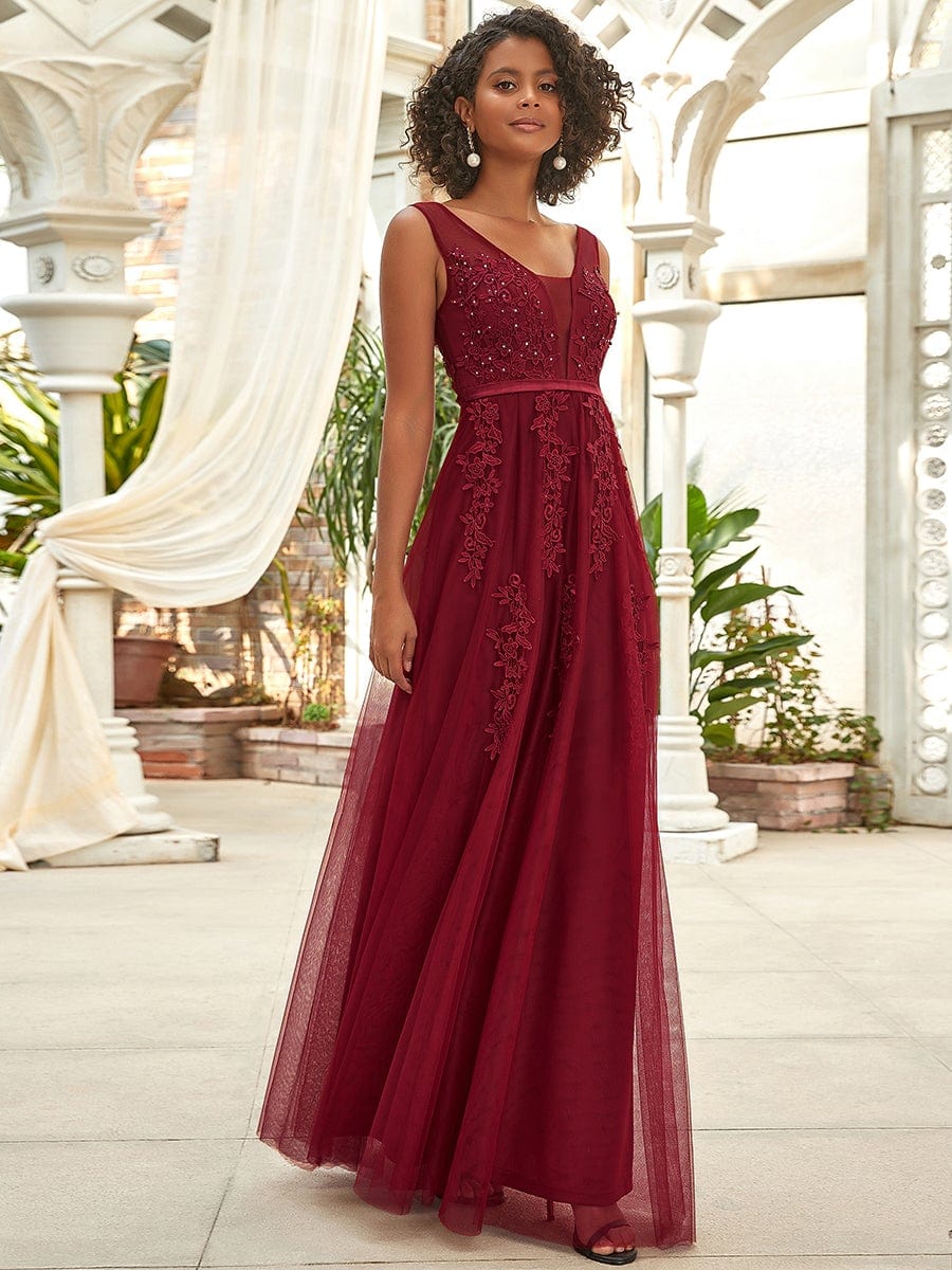 Elegant Sleeveless Applique Flowy Tulle Evening Dress #color_Burgundy