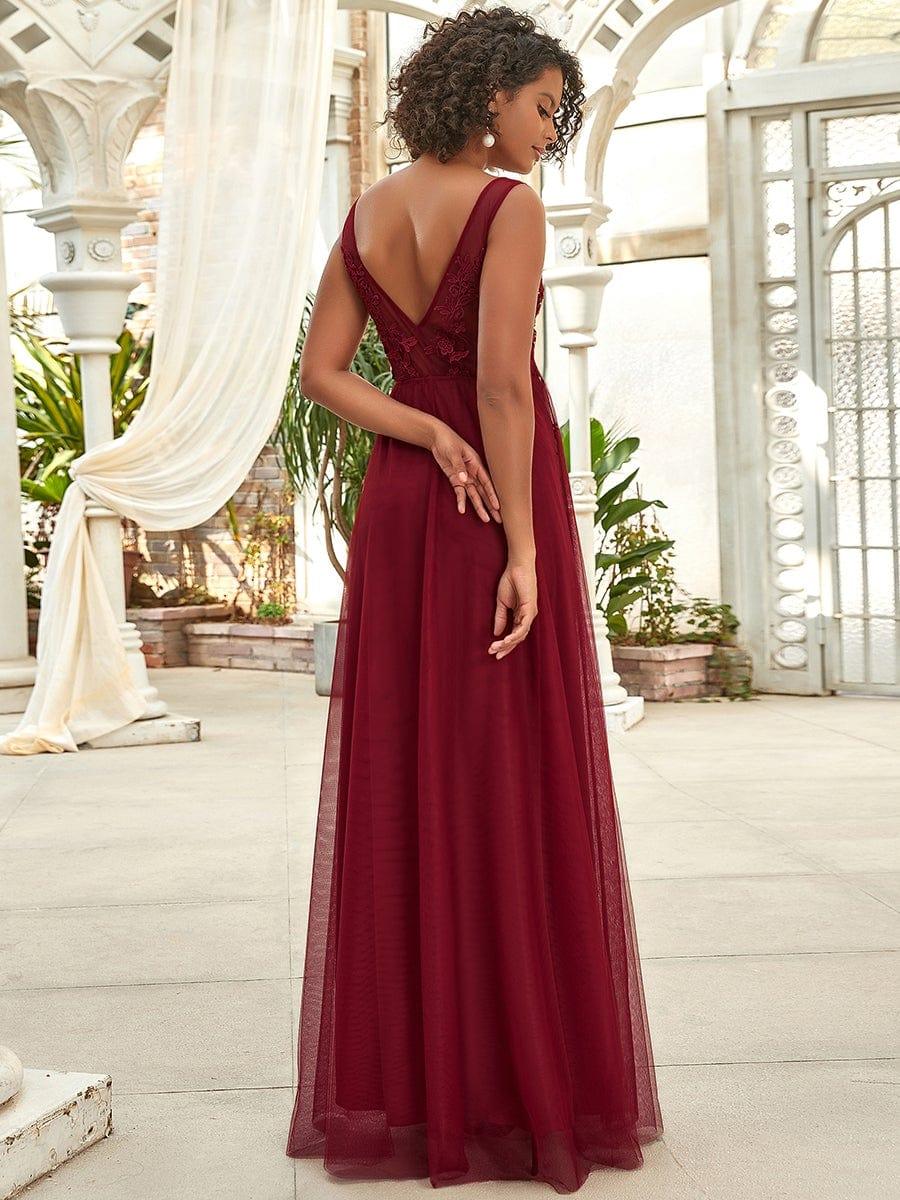 Elegant Sleeveless Applique Flowy Tulle Evening Dress #color_Burgundy