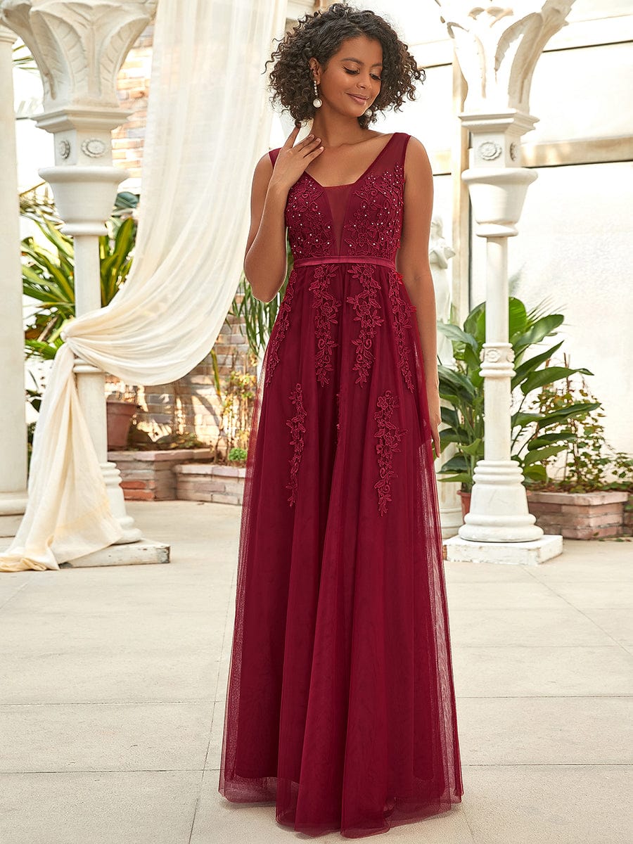 Custom Size Elegant Sleeveless Applique Flowy Tulle Evening Dress #color_Burgundy