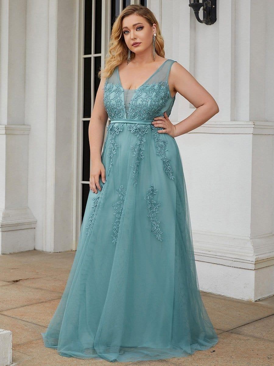Elegant Sleeveless Applique Flowy Tulle Evening Dress #color_Light Teal