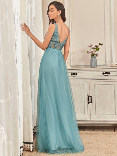 Elegant Sleeveless Applique Flowy Tulle Evening Dress #color_Light Teal