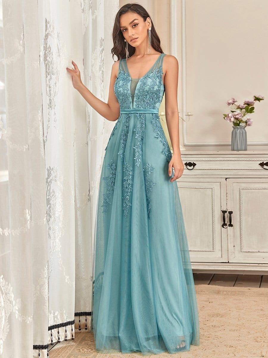 Elegant Sleeveless Applique Flowy Tulle Evening Dress #color_Light Teal