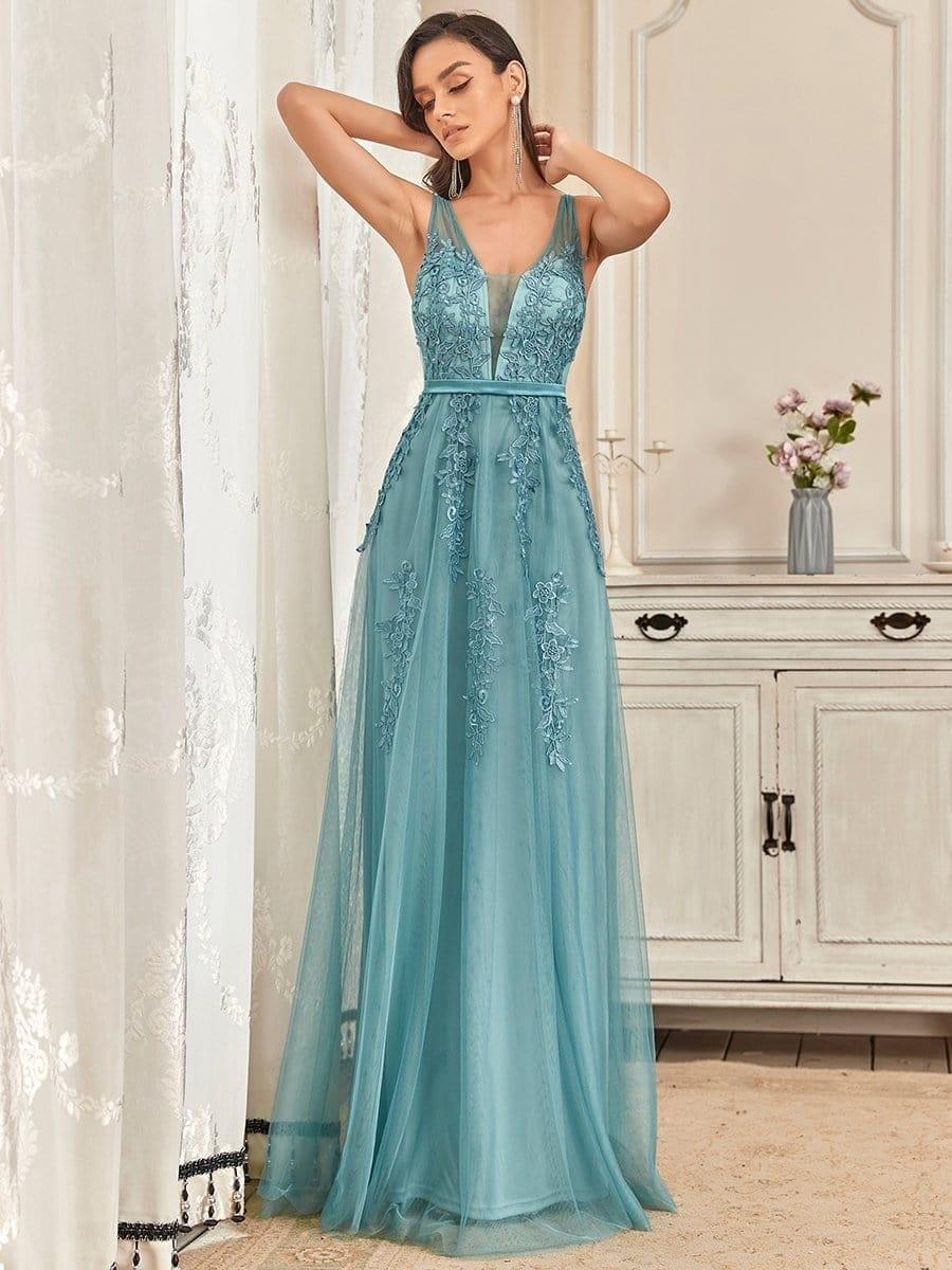 Elegant Sleeveless Applique Flowy Tulle Evening Dress #color_Light Teal
