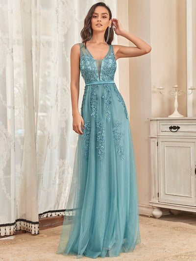 Elegant Sleeveless Applique Flowy Tulle Evening Dress #color_Light Teal