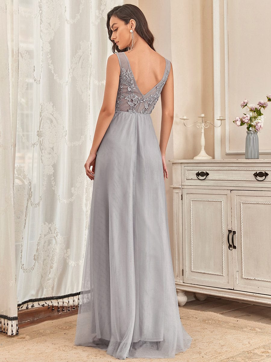 Custom Size Elegant Sleeveless Applique Flowy Tulle Evening Dress #color_Grey