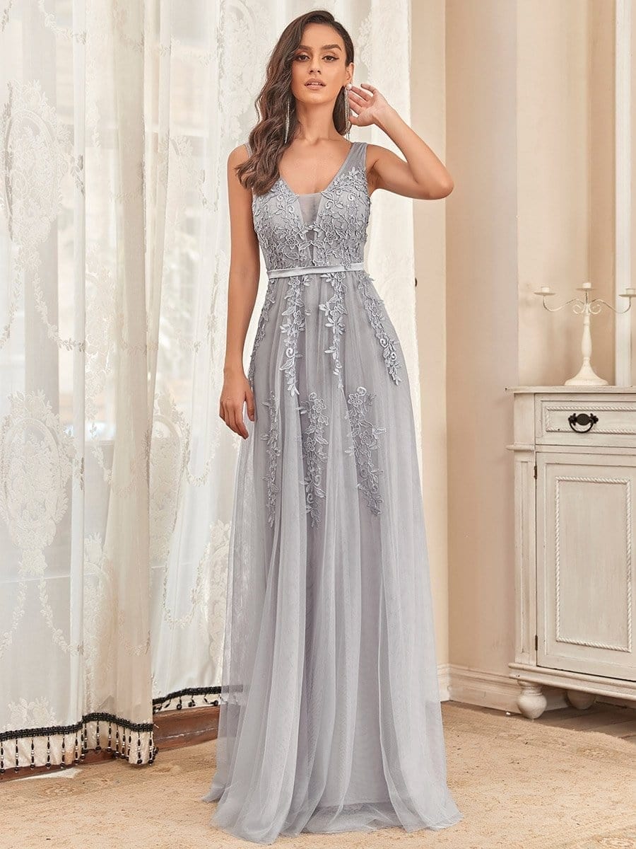 Elegant Sleeveless Applique Flowy Tulle Evening Dress #color_Grey