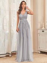Elegant Sleeveless Applique Flowy Tulle Evening Dress #color_Grey