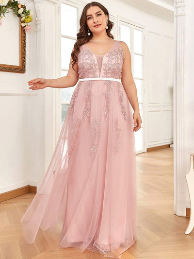 Plus Size Elegant Sleeveless Applique Flowy Tulle Evening Dress #color_Pink