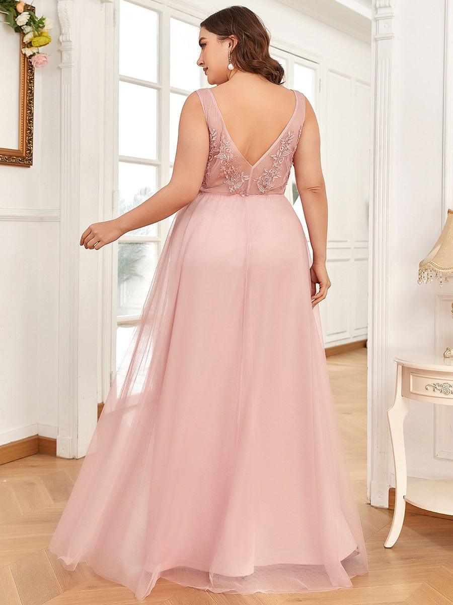 Plus Size Elegant Sleeveless Applique Flowy Tulle Evening Dress #color_Pink