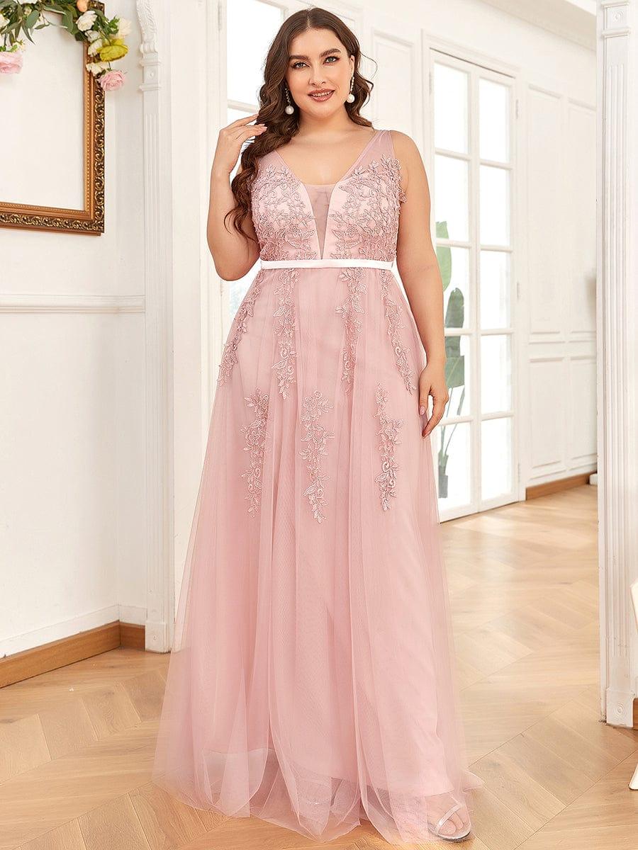 Plus Size Elegant Sleeveless Applique Flowy Tulle Evening Dress