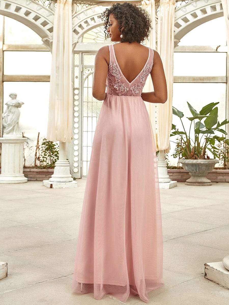 Elegant Sleeveless Applique Flowy Tulle Evening Dress #color_Pink